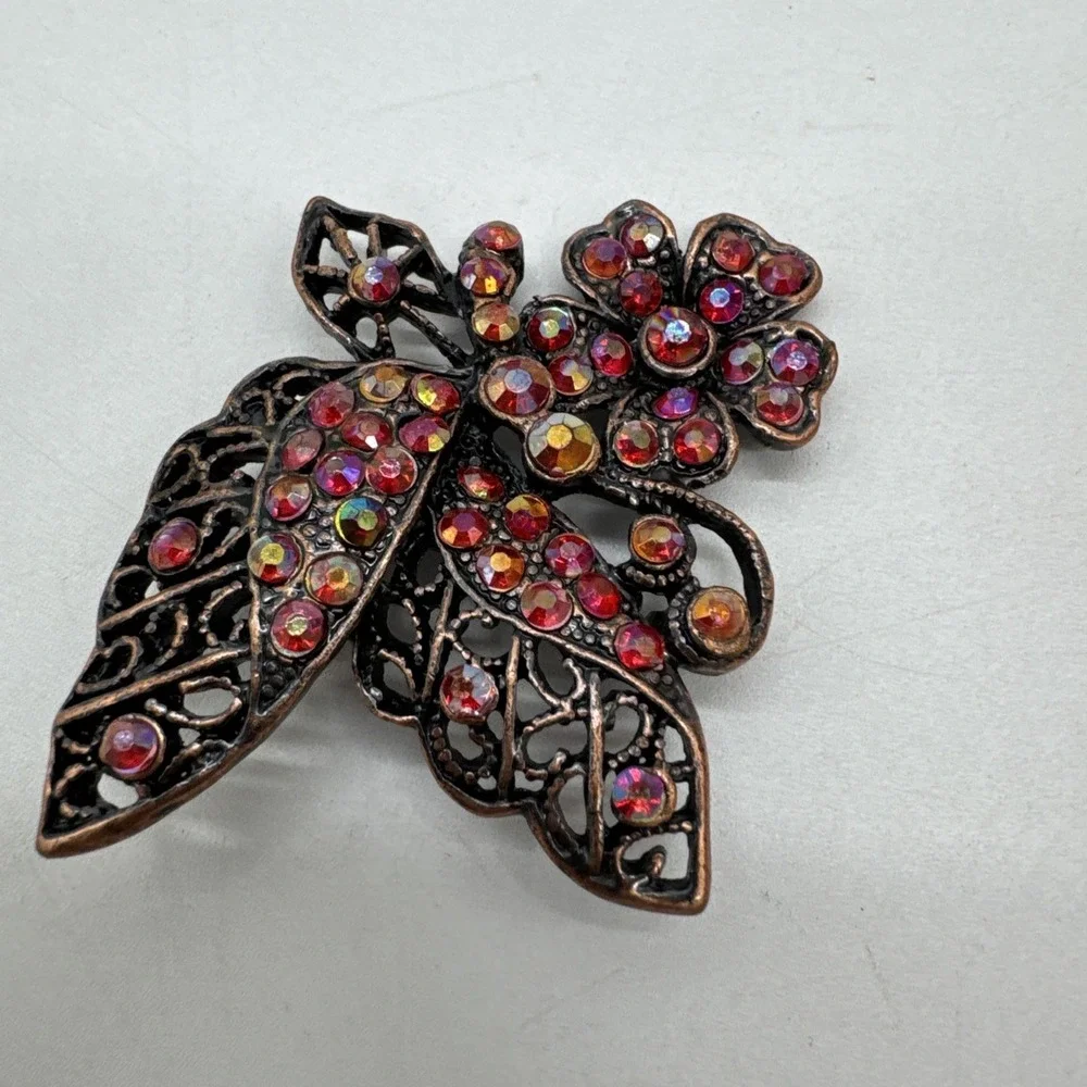 Vintage Pink Rhinestone Butterfly Flower Brooch/Pin 2